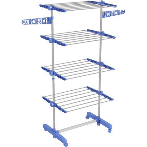 Séchoir à linge pliant à roulettes en acier bleu, 2 niveaux, adapté pour intérieur (1/5)