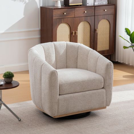 Poltrona imbottita con decorazione a pon pon, piedini in metallo, funzione rotazione 360°, design a zucca, per soggiorno, sala familiare, camera da letto, area relax - Tessuto ciniglia beige (1/5)