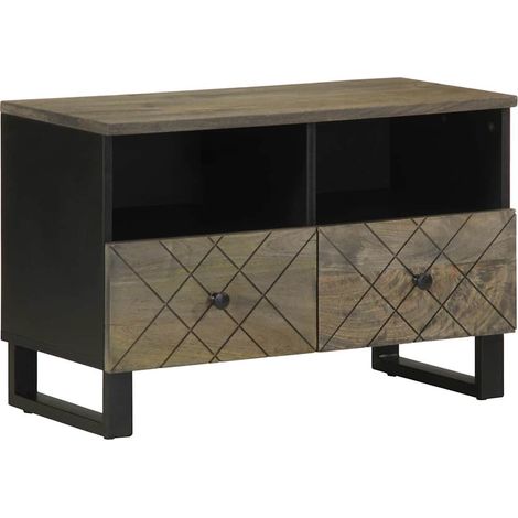 Meuble TV noir grand espace rangement design moderne 70 x 33 x 46 cm en bois massif manguier