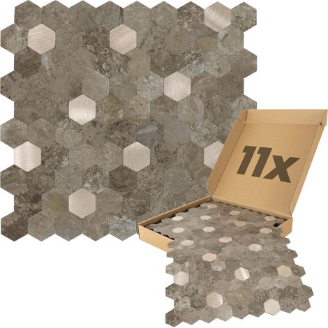 Wandpaneele selbstklebend, Hexagon Muster 0,88m², 11 Stück Wandverkleidung feuchtigskeitsbeständig, Premium Qualität für Bad und Küche - Braun Gold