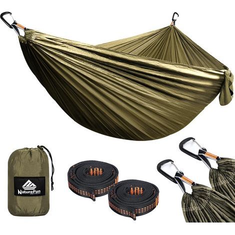 Ultraleichte Reise-Campinghängematte, 300 kg Tragkraft, atmungsaktiv, schnelltrocknend (300 x 200 cm), inklusive 2 hochwertiger Karabiner und 2 Gurte für den Einsatz im Garten und drinnen (1/5)