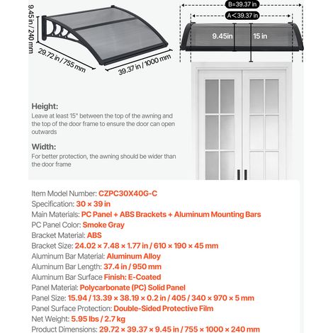 VEVOR Awnings for Door Entrance, 30 x 39 in, Exterior Front Door Window Awnings with Drainage & ABS Bracket, Rain Snow Sun Protection, Overhang Polycarbonate Door Canopy for Porch Patio, Smoky Gray (1/4)