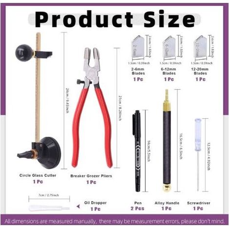 Kit de 11 outils de coupe de verre, pince à mâchoire incurvée avec embouts en caoutchouc, pointe en carbure de tungstène, coupe-verre circulaire, 2 lames avec compte-gouttes