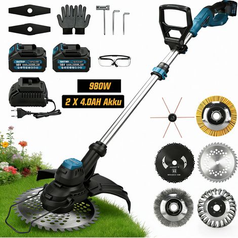 980W 14800 RPM Debroussailleuse à Batterie 7 IN 1 Brushless avec 2x4.0AH Batt. Sans Fil Electrique Réglable à 100-140cm, Coupe-Bordures avec 7 Types Lames Ø300 mm Max, pour Jardin, Pelouse