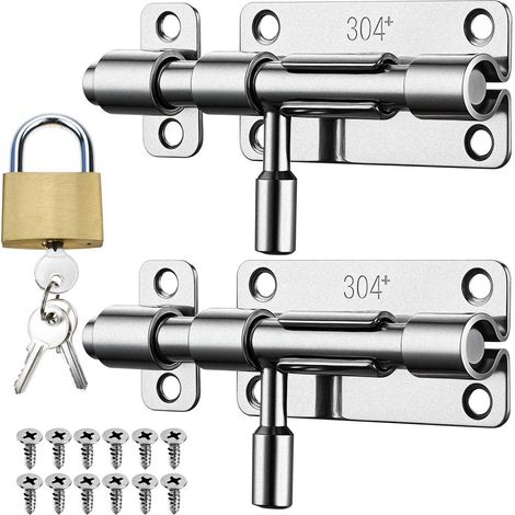 Lot de 2 verrous de porte en acier inoxydable 304 avec cadenas pour portes et fenêtres