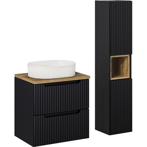 Waschtisch und Hängesäule 60cm Riva mit 2 Schubladen, Schwarz und Holzoptik