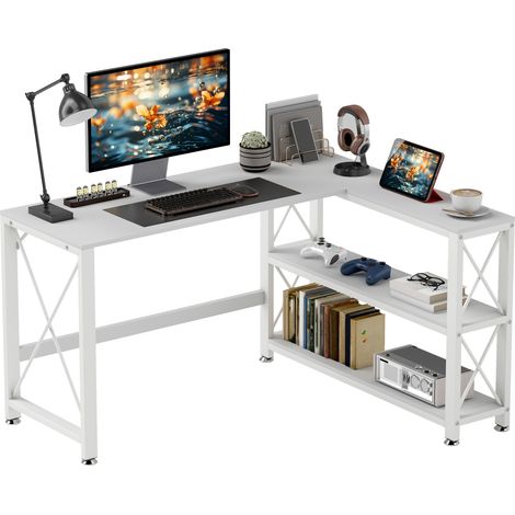 Wendbarer modularer Eckschreibtisch, weiß, 135 x 110 x 75 cm, mit Ablage und Metallgestell