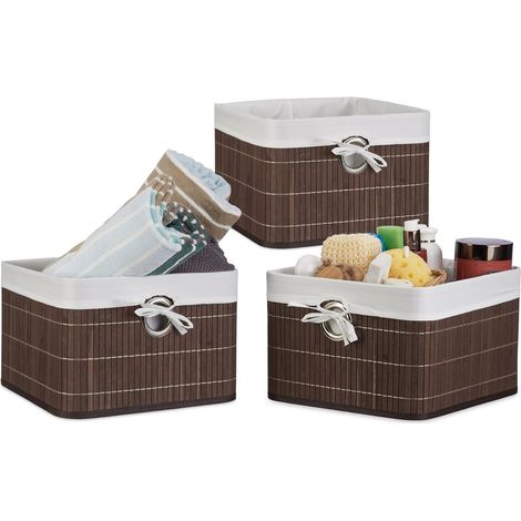 3 Cajas de almacenaje, Funda textil, Bambú, Rectangular, Accesorio decorativo, 20x31x31 cm, Marrón