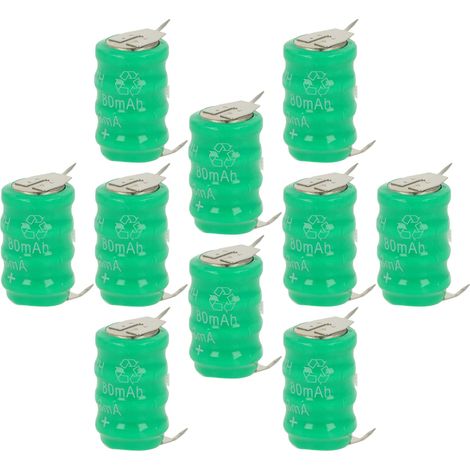 vhbw 10x NiMH Ersatz Knopfzellen-Akku Typ V80H 3-Pins 80mAh 4,8V kompatibel mit Modellbau-Akkus, Solar-Leuchten uvm. (1/4)