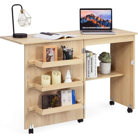 COSTWAY Armarios de Costura Mesa Plegable con Ruedas Mueble para Máquina de Coser (Natural Claro)