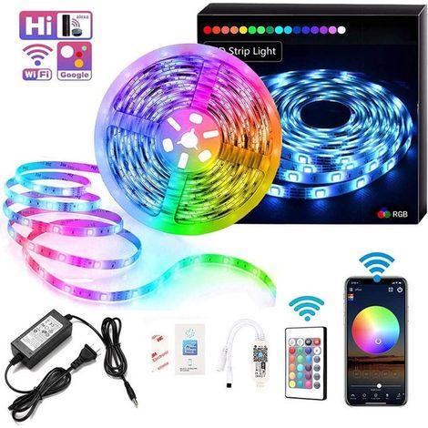 Bande LED RGB ,5M,150 LED,Contrlé par Avec contrleur WIFI 24 touches et，Bande lumineuse autocollante pour fête,maison (1/4)