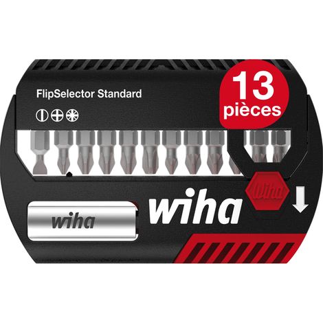 Wiha Jeu d'embouts FlipSelector Standard 13 pièces I 25 mm Fente, Phillips, Pozidriv 1/4" I Porte-embout magnétique I Ouverture en pressant-sur un bouton (39029) (1/5)