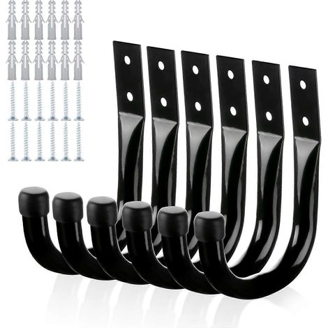 Lot de 6 crochets de garage robustes pour suspendre et ranger rallonges et câbles d'outils. Crochets muraux noirs en forme de J avec chevilles. (1/5)