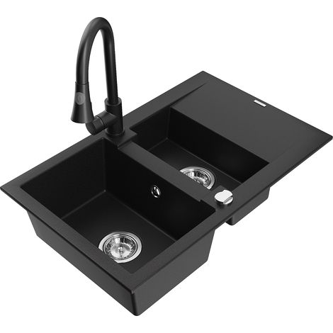 Mexen Gaspar 1,5-Becken-Granitspüle mit Abtropffläche und Mischbatterie Elia, Schwarz - 6507-77-6701