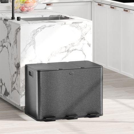 Poubelle de cuisine, poubelle tri sélectif, 3 compartiments de 20, seaux intérieurs amovibles, noir, 61,9x36,6x56,7cm