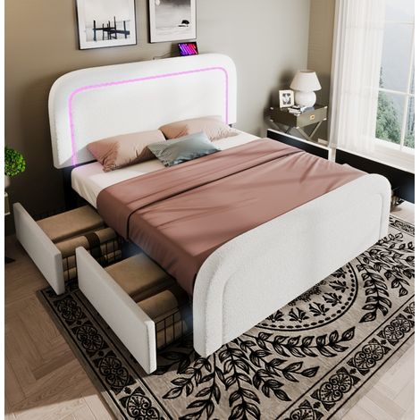 Cama doble retro de sherpa blanco 160x200 cm con cabecero ajustable, LED, USB-C, 4 cajones, somier de láminas y colchón