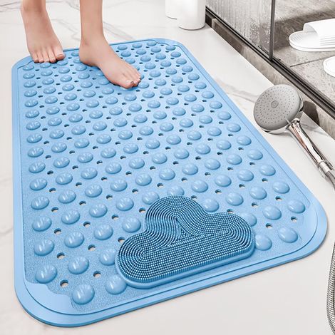 Tapis de Douche Antidérapant 80x50cm,Tapis Antidérapant Douche avec Ventouses et Trous de Drainage,Matériau TPE,Lavable en Machine,Bleu (1/5)