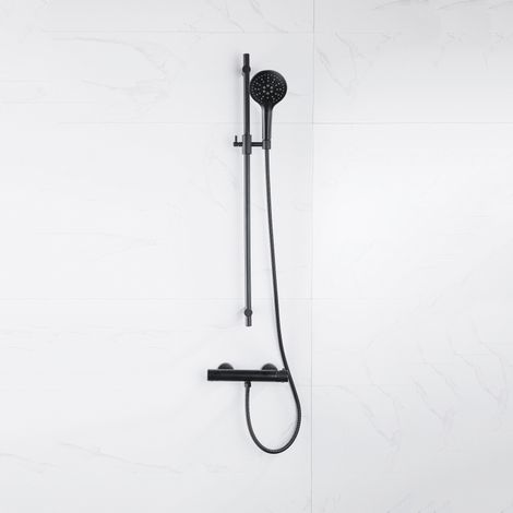 Fortifura Calvi Ensemble de douche barre curseur avec douchette ronde, flexible en métal et robinet de douche Noir mat (1/5)