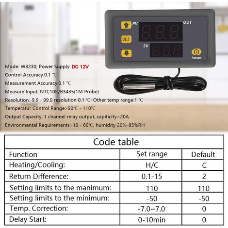Regolatore di temperatura digitale W3230 DC 12V da 2 pezzi, interruttore di controllo del termostato con display a LED da 20 A con sonda con sensori NTC da 10 K, intervallo da -50 ℃ a 110 ℃ (1/4)