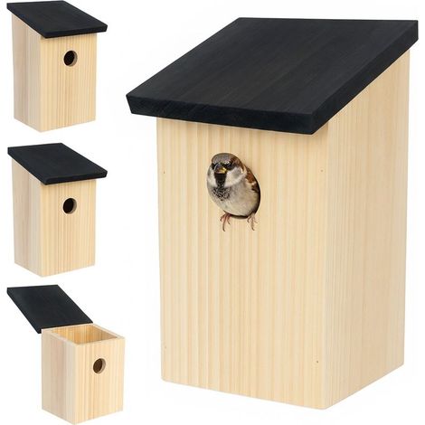 Nichoirs, lot de 4, moineaux et mésanges, orifice 32 mm, toit ouvrant, à suspendre, bois naturel/noir (1/5)