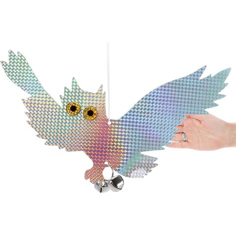 2X Chouette factice - effaroucheur d'oiseaux respectueux des Animaux - Oiseau de Proie Artificiel à accrocher - Volante avec Clochette et Feuille réfléchissante