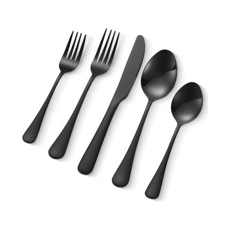30-teiliges Besteckset aus lebensmittelechtem Edelstahl, hochglanzpoliertes Essbesteck-Set, spülmaschinenfestes Essgeschirr, Service für 6 Personen, inkl. Messer Gabel Löffel Schwarz (1/5)