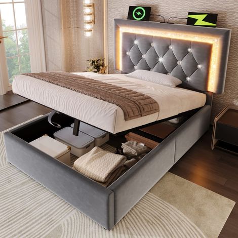 Lit simple 90x200 cm, velours, LED, tête de lit, USB et Type-C, coffre de lit hydraulique, rangement, lit jeune, sommier à lattes, gris (sans matelas) (1/5)