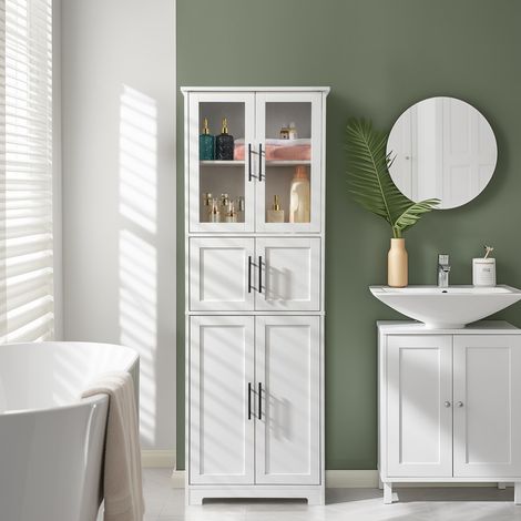 Armoire de salle de bain blanche 60x30x170cm, 4 portes, MDF (1/5)