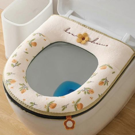 Housse de siège de toilette en peluche avec fermeture éclair, imperméable et chaude, lavable, blanche avec poignée (1/5)