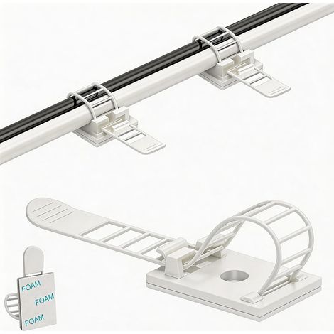 Attache Cable Adhesif Blanc 100Pcs, Serre Cable Plastique Fixation Murale sans Perçage (1/5)