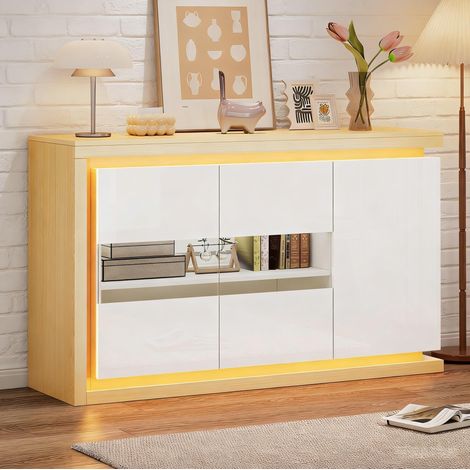 Sideboard mit LED-Lichtstreifen und Glastüren 140x40x84 cm Weiß OKMYHOME (1/5)