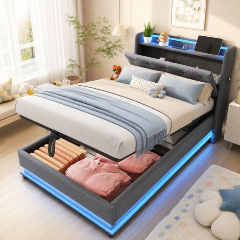 Letto bambino 90x200 cm con LED e contenitore, grigio, in legno, senza materasso FloraGrace (1/5)