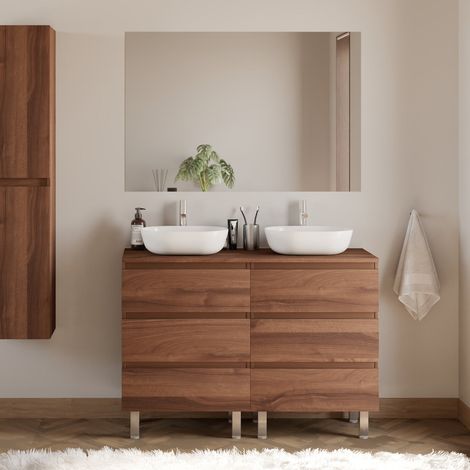 Meuble de salle de bain 120cm avec plateau et 2 vasques à poser arrondies - 6 tiroirs - noyer (bois foncé) - MAYOR