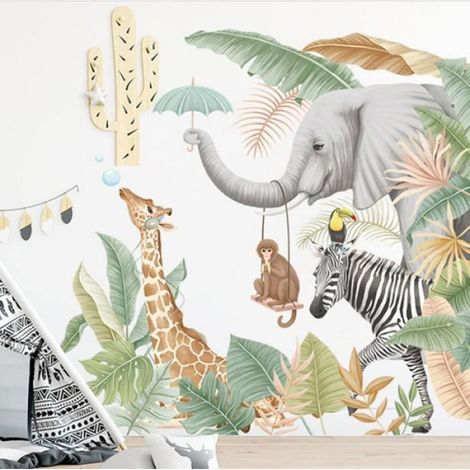 1 Lot Stickers Muraux Animaux Jungle, Décoration Safari Multicolore, Adhésif Amovible pour Chambre Enfant (1/4)