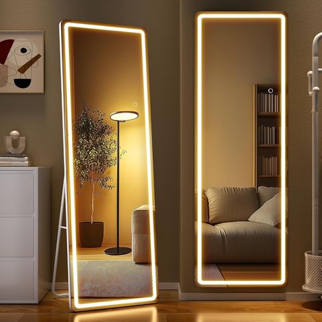 Miroir corporel 140x40 cm avec éclairage – Miroir sur Pied LED autoportant avec 3 Couleurs de lumière réglables et gradable, pour Chambre et Dressing, Blanc (1/5)