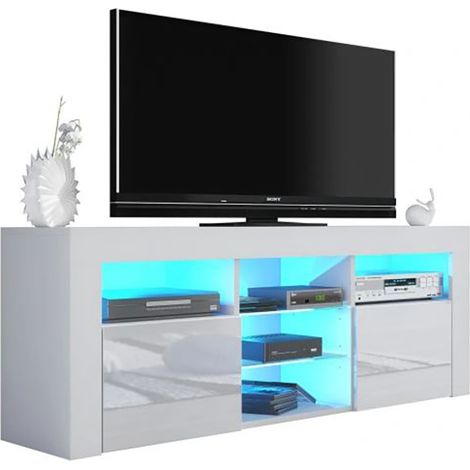 Dusine – Meuble TV JIVE blanc avec éclairage LED – Dimensions 145 cm x 33 cm x 53 cm – 2 portes laquées – Mélaminé certifié FSC (1/3)