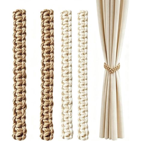 Embrasses pour Rideaux Bohèmes Tressées, Lot 4, Jute Brun/Coton Beige (1/5)