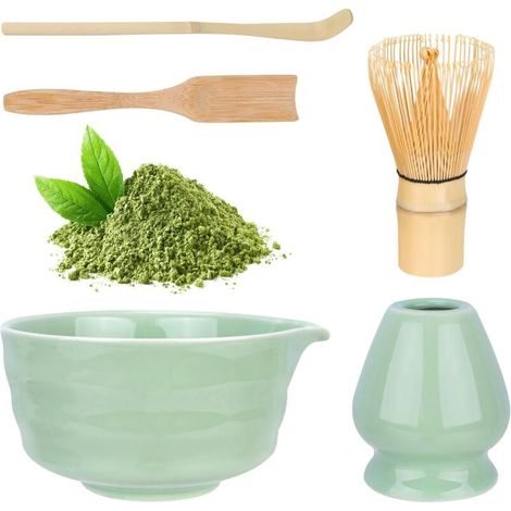 Ensemble matcha dégradé vert – bol en céramique + fouet en bambou