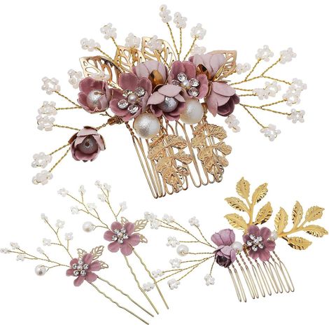 Floral Side Hair Combs, Set of 1, Beads (1/5)