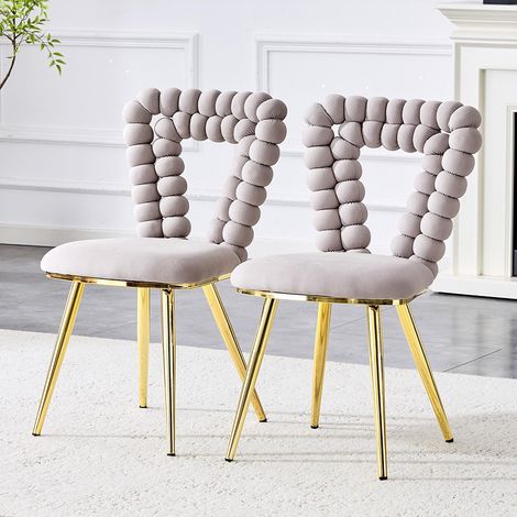 Chaises de salle à manger en velours (ensemble de 2) - dossier à découpe triangulaire, pieds en métal plaqué or, gris clair (1/5)