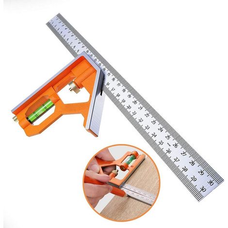 Regla angular combinada, regla angular combinada de acero inoxidable de 300 mm, escuadra combinada, regla de posicionamiento con nivel de burbuja, herramienta de carpintero para mediciones de ángulos (1/5)