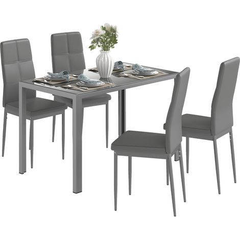 Essgruppe mit 4 Stühlen, Küchentisch aus Kunstleder, 120 x 70 x 75 cm, grau (1/5)