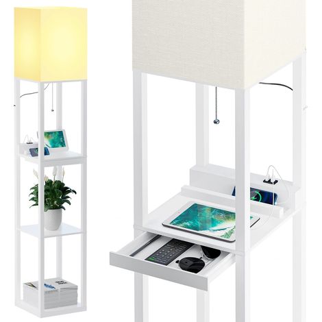 Lampadaire Salon, Lampadaire Bois Massif avec 3 Températures de Couleur, 2 Ports de Charge USB et 1 Tiroir, Lampe sur Pied de Avec en Bois Etagères Pour Chambre et Salon, Blanc,Ampoule Incluse (1/5)