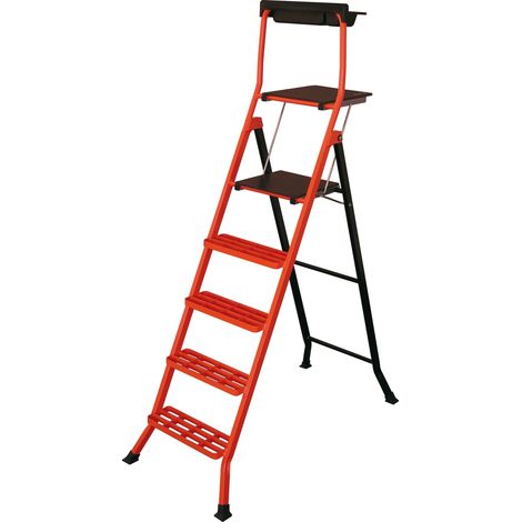 Escabeau professionnel acier 110 cm – Hauteur de travail maxi 310 cm – Tablette porte-outils et porte-outils amovible – Charge 150 kg – FSC -Conforme EN133
