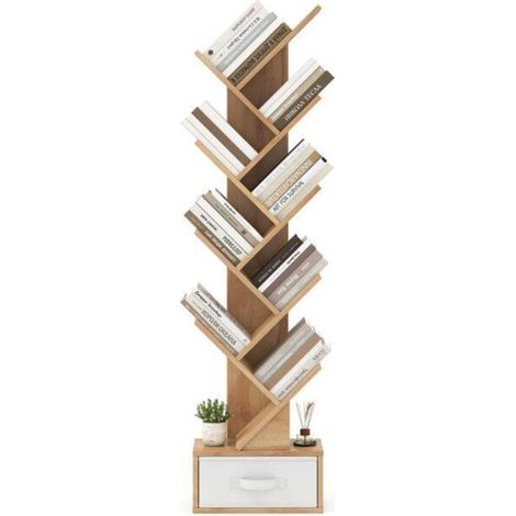 Gain de place et rangement pratique : bibliothèque arbre 10 étagères avec tiroir, pour bureau et entrée (1/5)