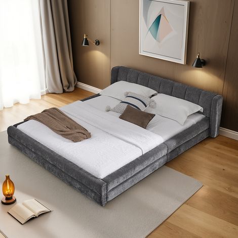 Letto imbottito adulti 140x200 cm con testiera a righe verticali, rete a doghe, in tessuto, senza materasso, grigio scuro (1/5)
