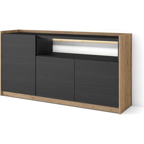 Skraut Home - Credenza, Mobile, Cucina, Madia, mobile ingresso, 156x37x80cm, 3 Porte, LED, Stile moderno, Nero e rovere (1/5)