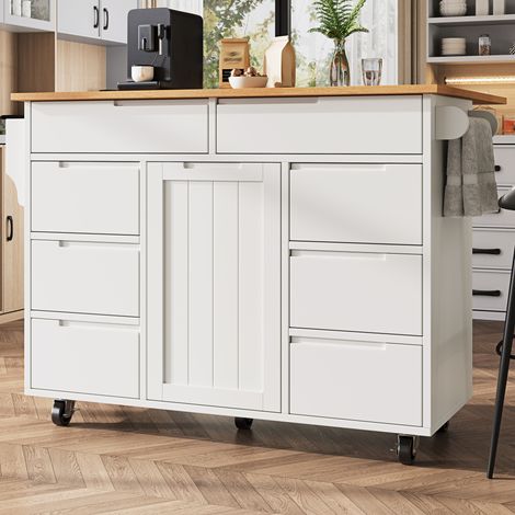 Isla de cocina 122x74.5x91.5 cm blanca en MDF con tablero abatible, 8 cajones y ruedas con freno (1/5)
