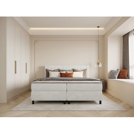 Set completo boxspring testata con cuciture verticali + rete + materasso + topper - 2 x 90 x 200 cm - Velluto - Grigio chiaro - DONISI di PALACIO (1/3)