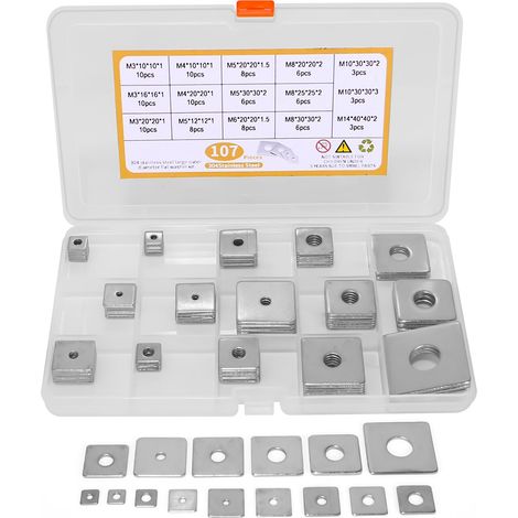 Lot de 107 rondelles carrées M3 M4 M5 M6 M8 M10 M14 en acier inoxydable avec trou rond Rondelles carrées pour boulons et tiges filetées (1/5)